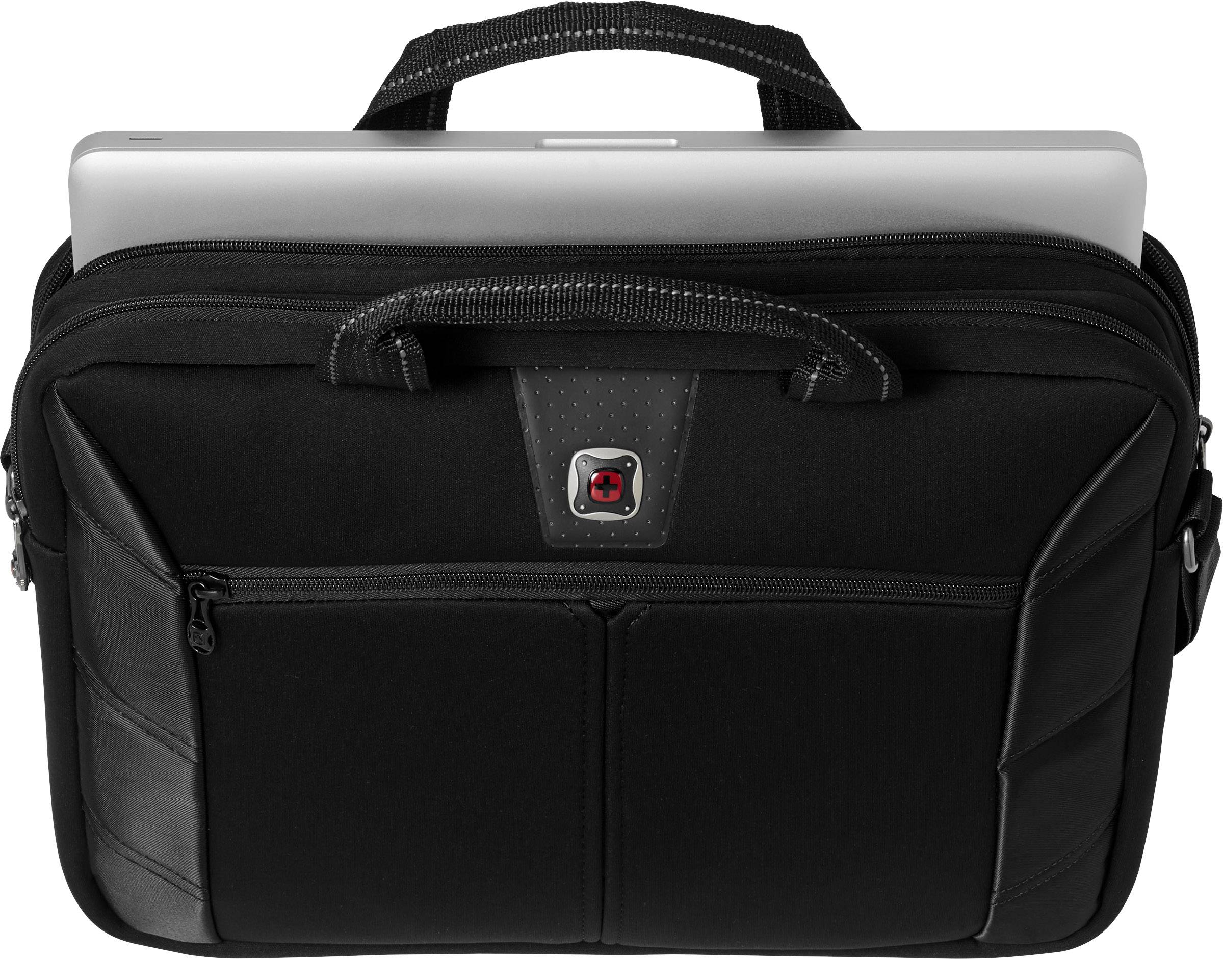 Eine schwarze Laptoptasche mit einem Laptop, der oben herausragt. Die Tasche hat zwei Hauptfächer und Tragegriffe.