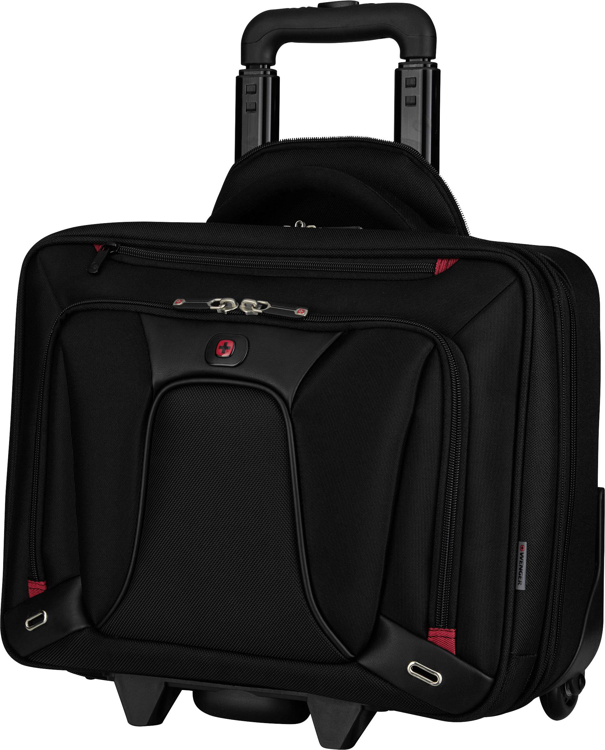 Schwarzer Trolley-Koffer mit mehreren Fächern, zwei Rädern und ausziehbarem Griff, geeignet für Reisen oder Geschäftsreisen.