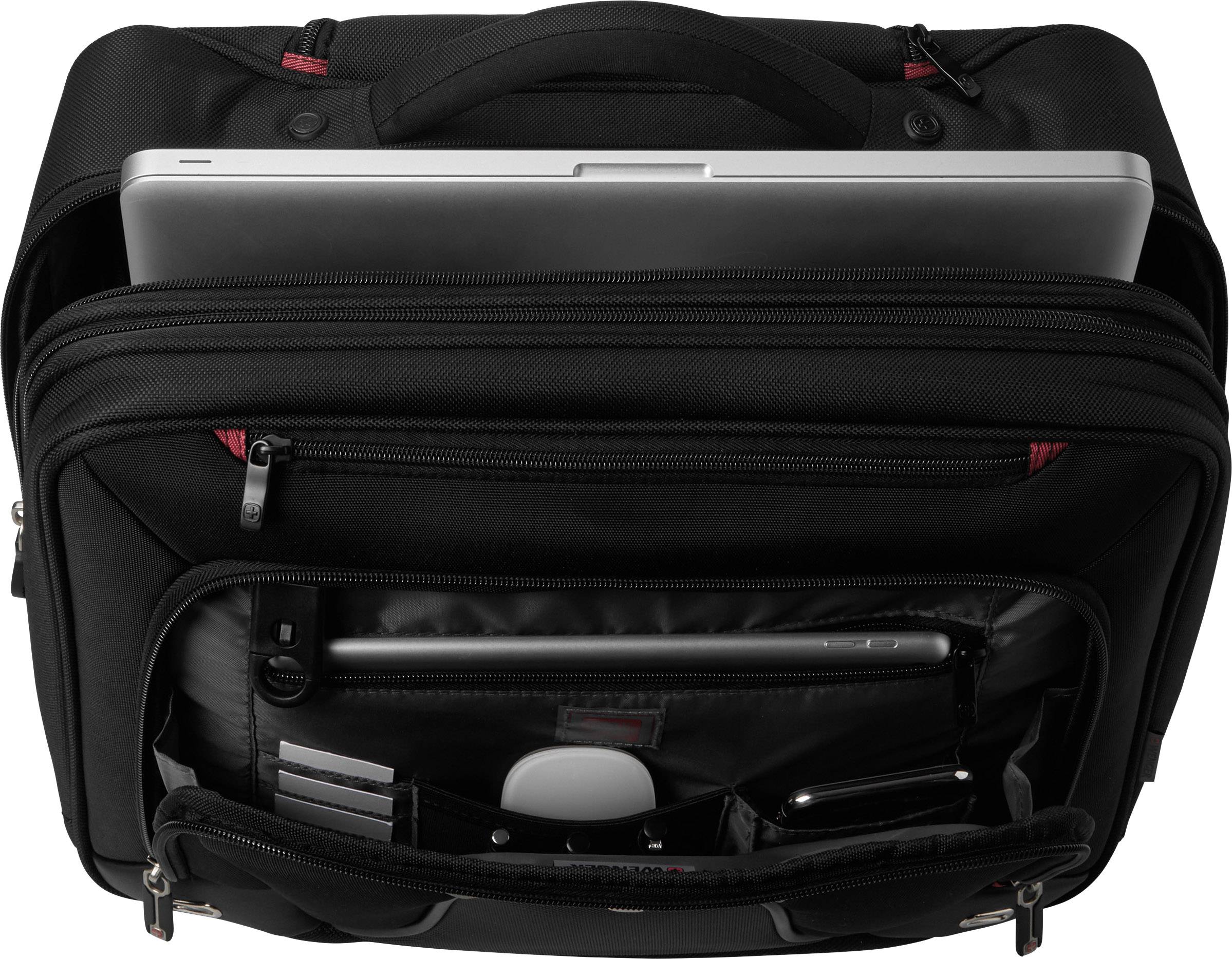 Eine geöffnete schwarze Laptoptasche, gefüllt mit einem Laptop, Kabeln und Zubehör, alles ordentlich in Fächern organisiert.