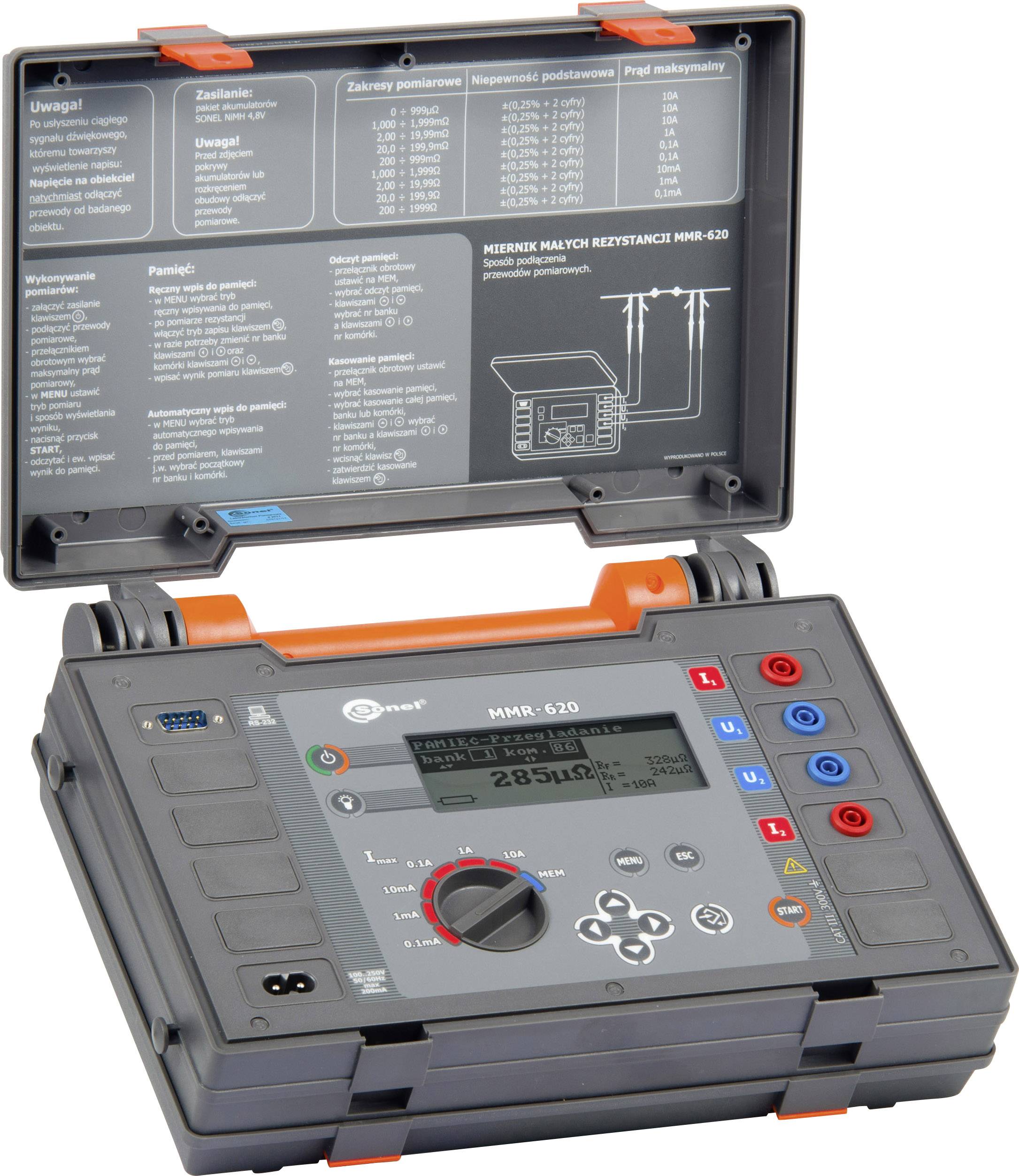 Ein digitales Messgerät mit geöffnetem Deckel, zeigt Bedienelemente und Anschlüsse. Aufschrift: 'MERENI MALYCH REZISTANCI MMR-620'.