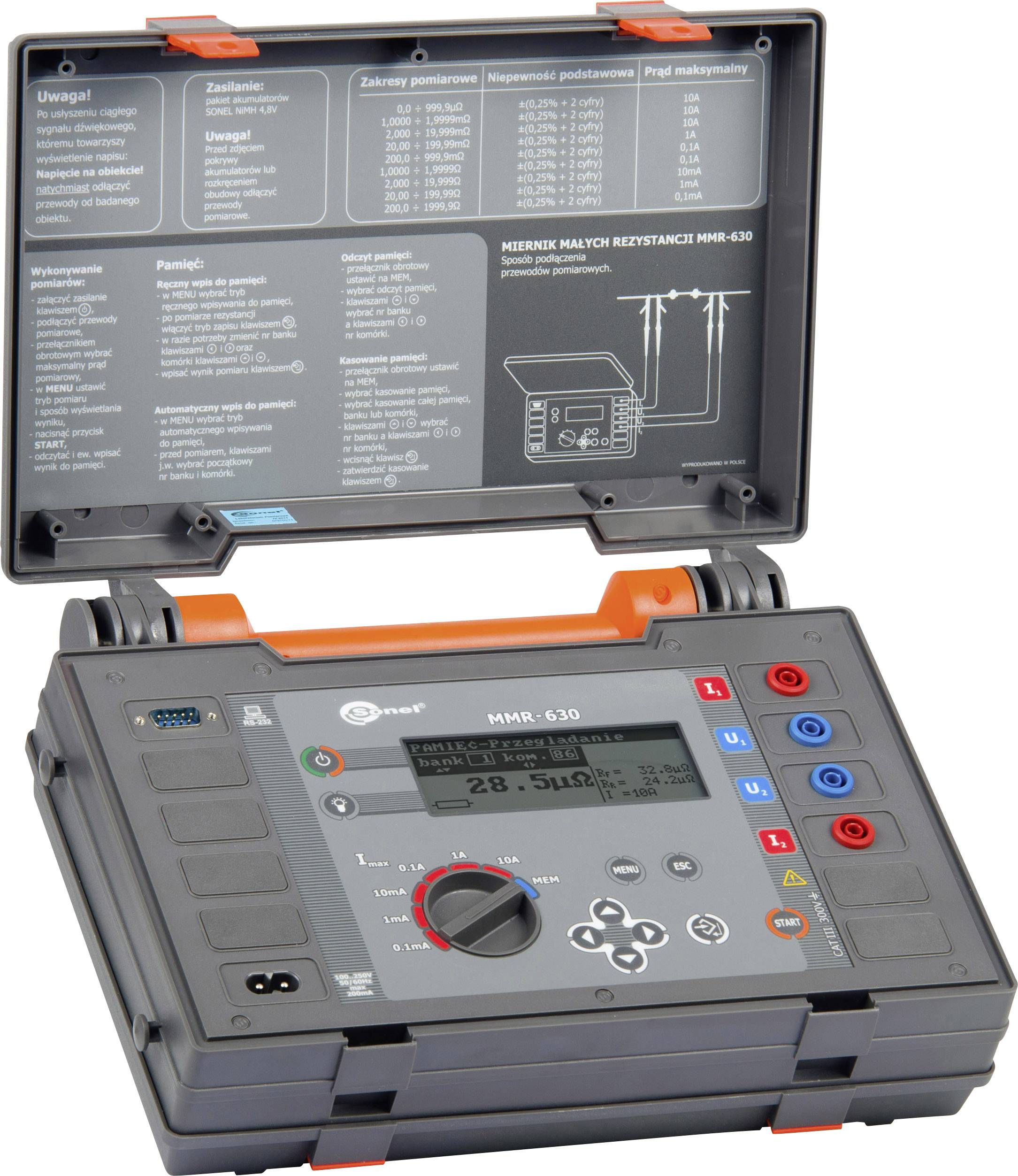 Multimeter zur Messung elektrischer Widerstände. Geöffnetes Gerät mit Tastenfeld und Anzeige. Anleitungen im Deckel sichtbar.