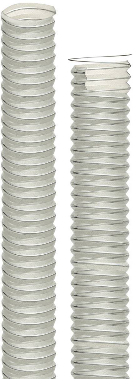 Zwei silberne, spiralförmige Metallrohre nebeneinander. Links ein breiteres, rechts ein schmaleres Rohr.