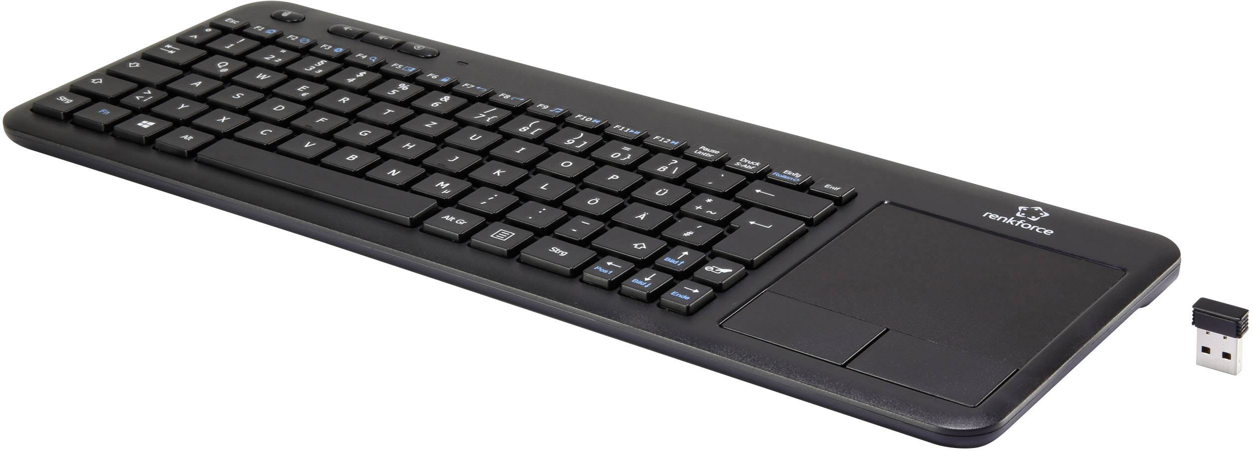 Kabellose schwarze Tastatur mit integriertem Touchpad, daneben ein USB-Empfänger. Ideal für kompakte Arbeitsumgebungen.