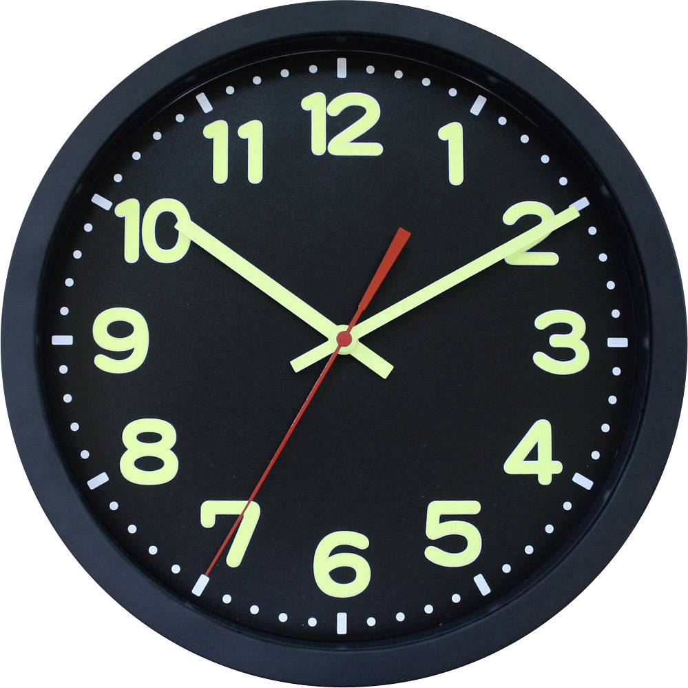 Eine schwarze Wanduhr mit leuchtenden gelben Ziffern zeigt 10:10 Uhr an. Der Minutenzeiger ist rot.