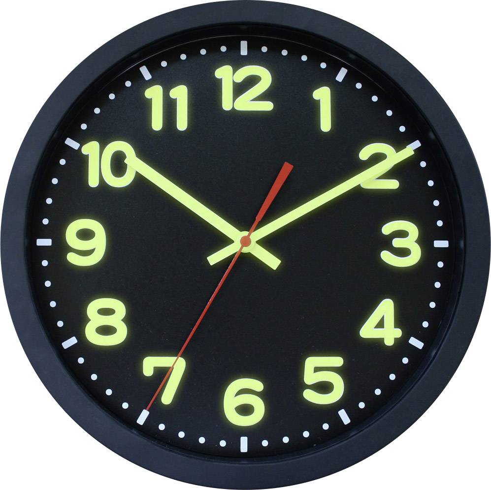 Eine analoge Wanduhr zeigt 10:10 Uhr. Die Ziffern und Zeiger sind leuchtend gelb auf einem schwarzen Zifferblatt.