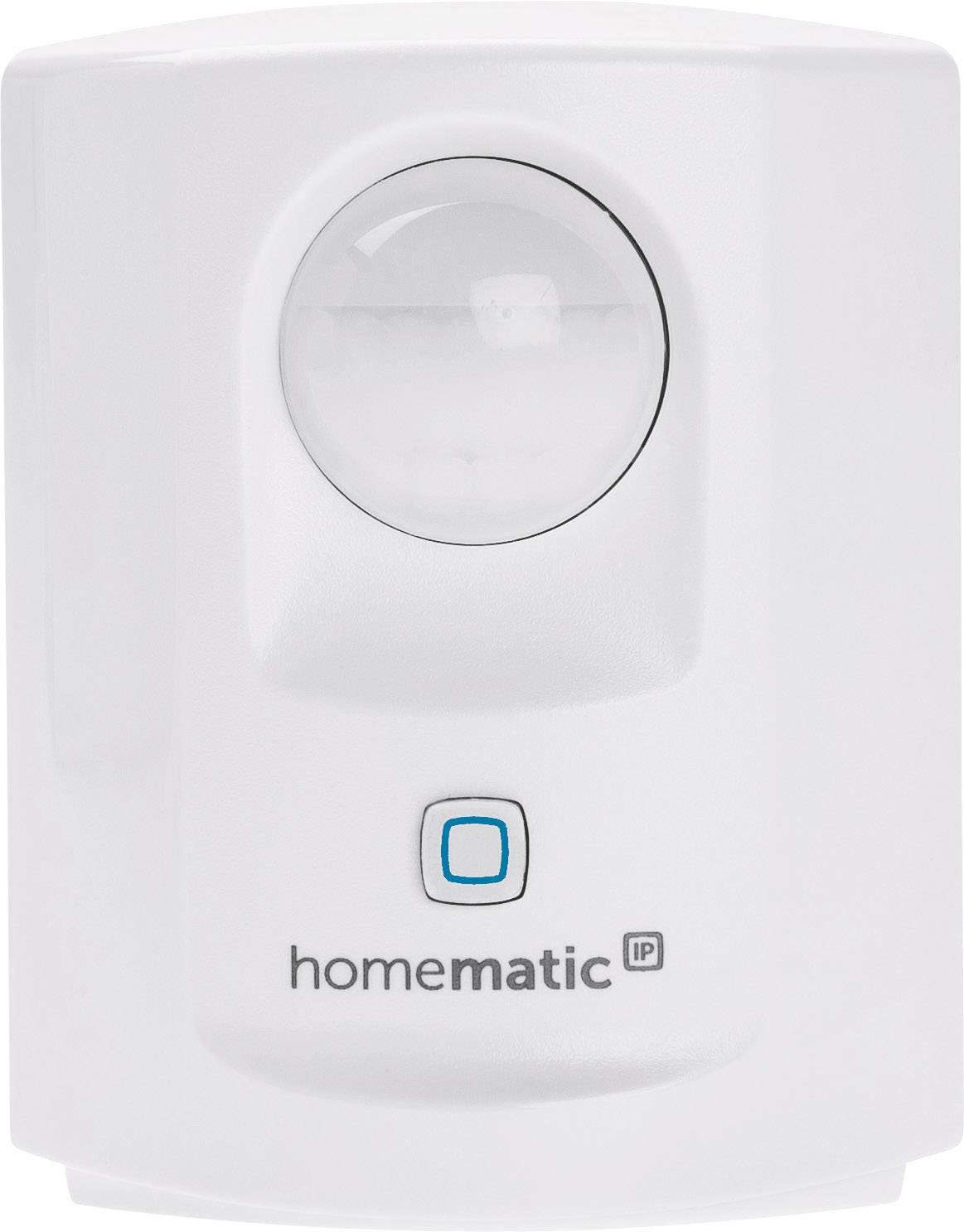 Bewegungsmelder von Homematic IP, weißes Gehäuse mit einem blauen Knopf, verwendet für die Sicherheit in Smart-Home-Systemen.