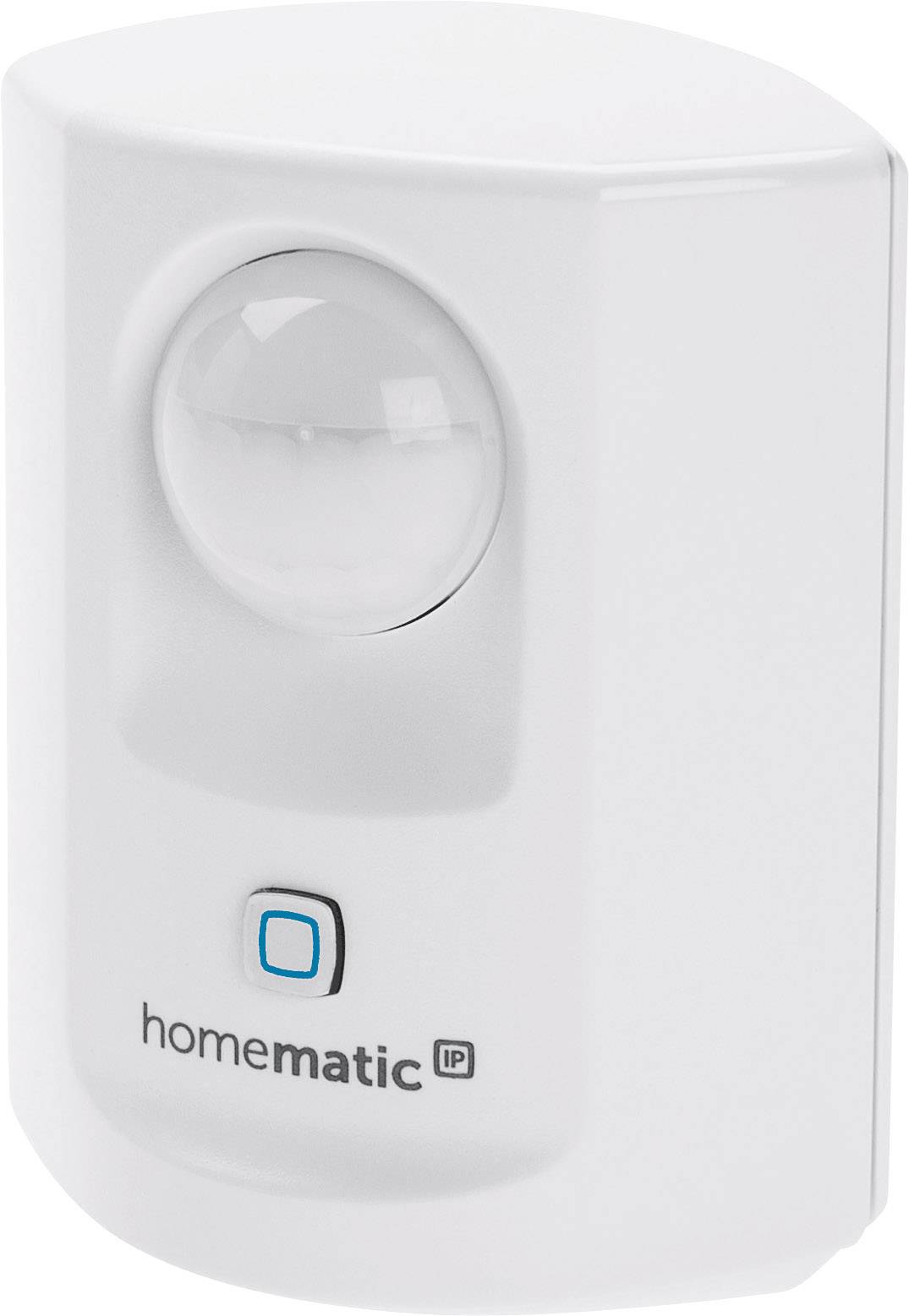 Bewegungsmelder in weißem Gehäuse mit Sensor und blauem Knopf an der Vorderseite, beschriftet mit 'homematic IP'.
