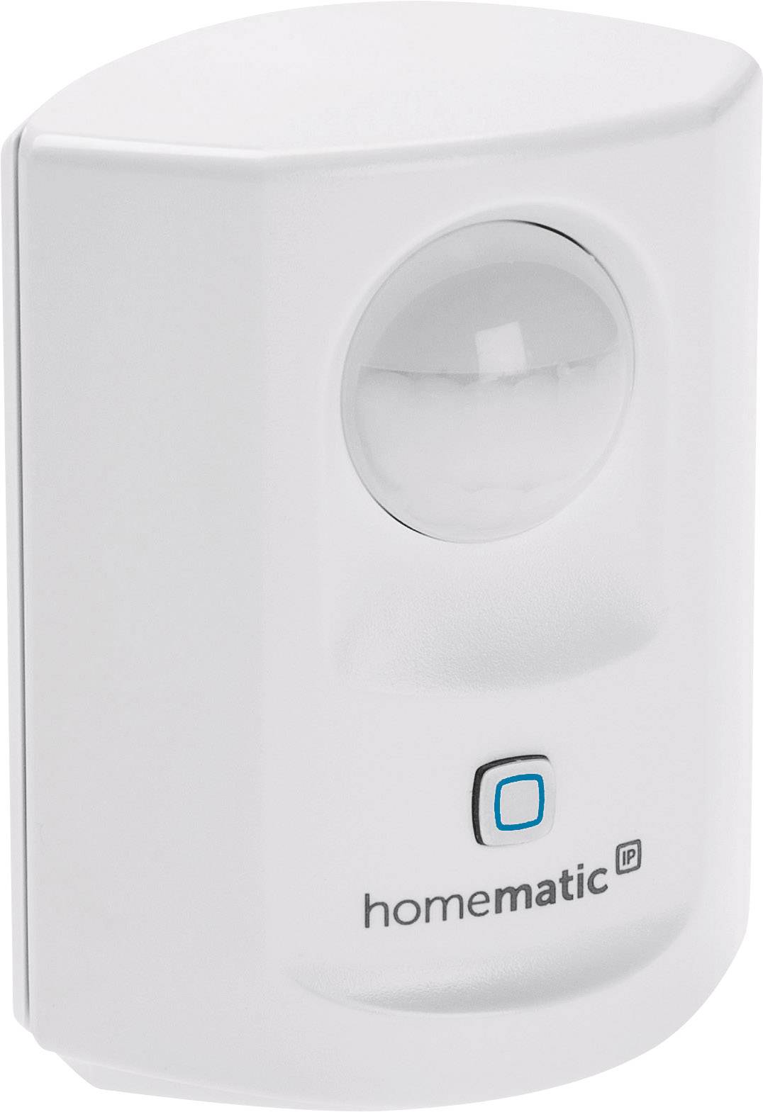 Bewegungsmelder von Homematic IP in weiß mit Erkennungssensor oben und quadratischer Taste darunter.