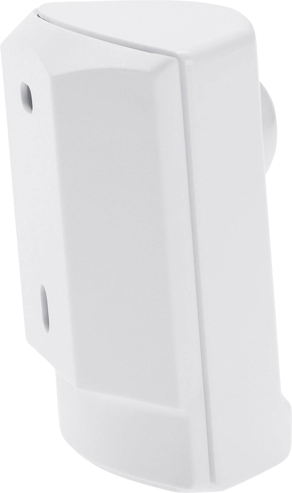 Ein weißer rechteckiger Sensor mit abgerundeten Kanten und zwei sichtbaren Befestigungslöchern. Er ist für die Wandmontage geeignet.