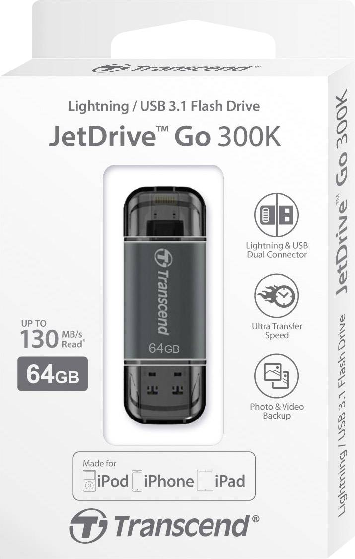 Transcend JetDrive™ Go 300 USB-Zusatzspeicher Smartphone/Tablet Schwarz 64GB USB 3.1, Apple Lightning