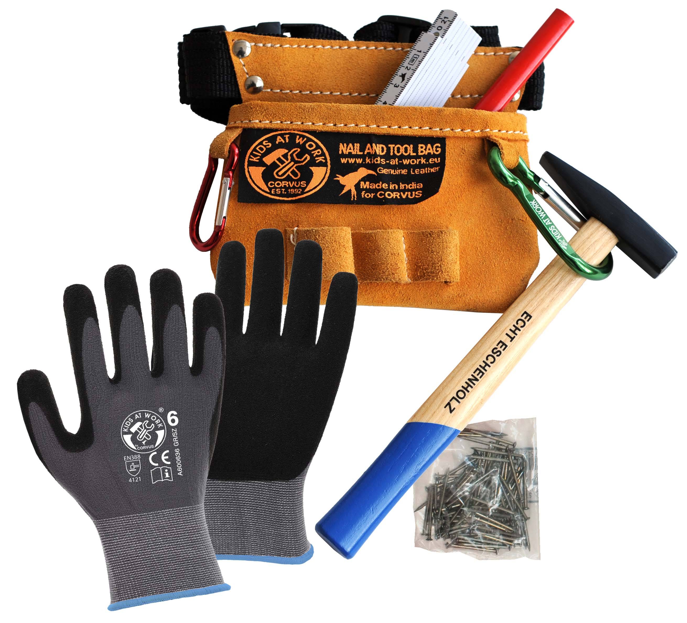 A600116 CORVUS Kids at Work Werkzeuggürtel mit Inhalt - Meterstab, Holzhammer, Nägel,