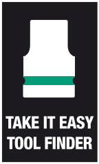 Die Grafik zeigt den Text 'Take it Easy Tool Finder' unter einem stilisierten Symbol eines Werkzeugs.