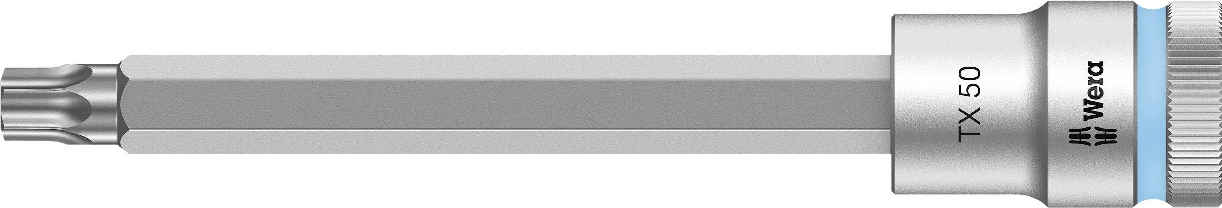 Langer Schraubendreheraufsatz mit Torx-Profil TX 50, silberner Schaft und blauem Ring. Markentext 'Wera' auf Metallbereich.
