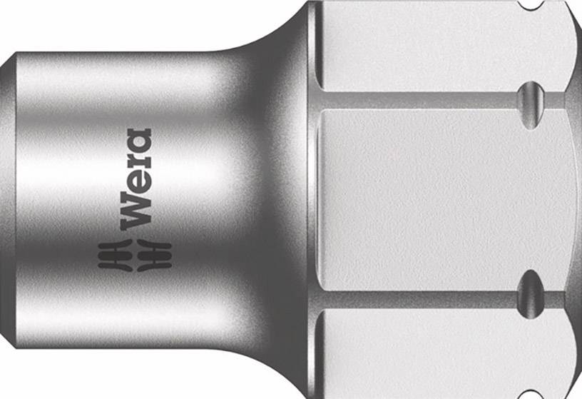 Metallwerkzeug mit 'Wera'-Logo, zeigt eine silberne sechseckige Stecknuss, die Teil eines Schraubwerkzeugs ist.