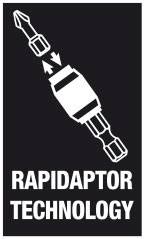 'RAPIDAPTOR TECHNOLOGY' auf schwarzem Hintergrund mit Abbildung eines Schnellwechsel-Bit-Halters im weißen Umriss.