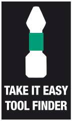 Logo mit weißem Werkzeug-Symbol, grünem Mittelteil. Darunter der Text 'Take it easy tool finder' auf schwarzem Hintergrund.