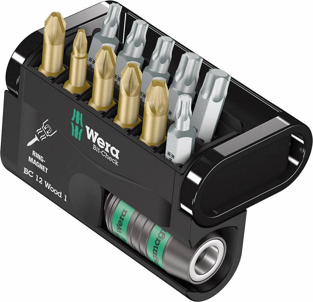 'Wera Bit-Check BC 12 Wood 1' ist ein kompakter Bit-Halter mit 12 Bits, darunter goldene und silberne Bits, in zwei Reihen angeordnet.