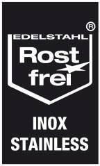 Logo mit Aufschrift 'Edelstahl Rostfrei INOX STAINLESS', symbolisiert rostfreien Stahl.