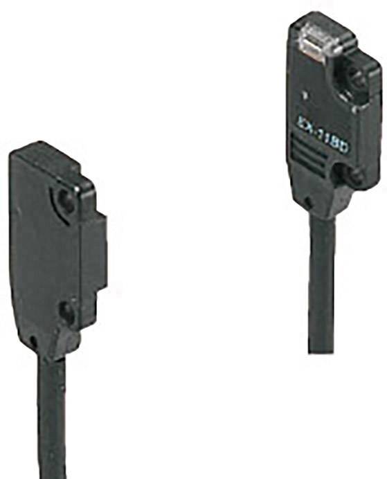 Zwei schwarze elektronische Sensoren mit Kabeln, gegenüberliegend montiert, möglicherweise zur Erkennung von Objekten.