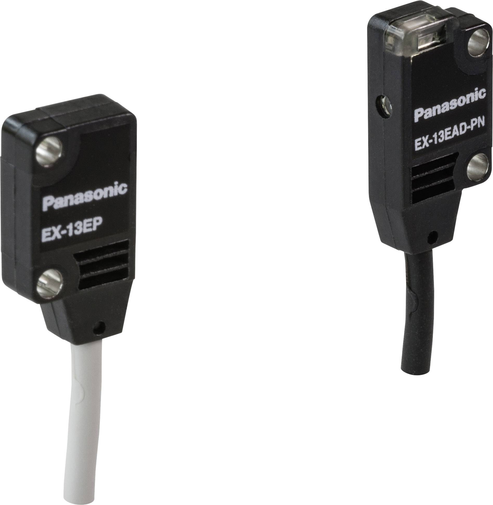 Zwei schwarze Sensoren von Panasonic, Modelle EX-13EP und EX-13EAD-PN, mit Kabeln sichtbar.