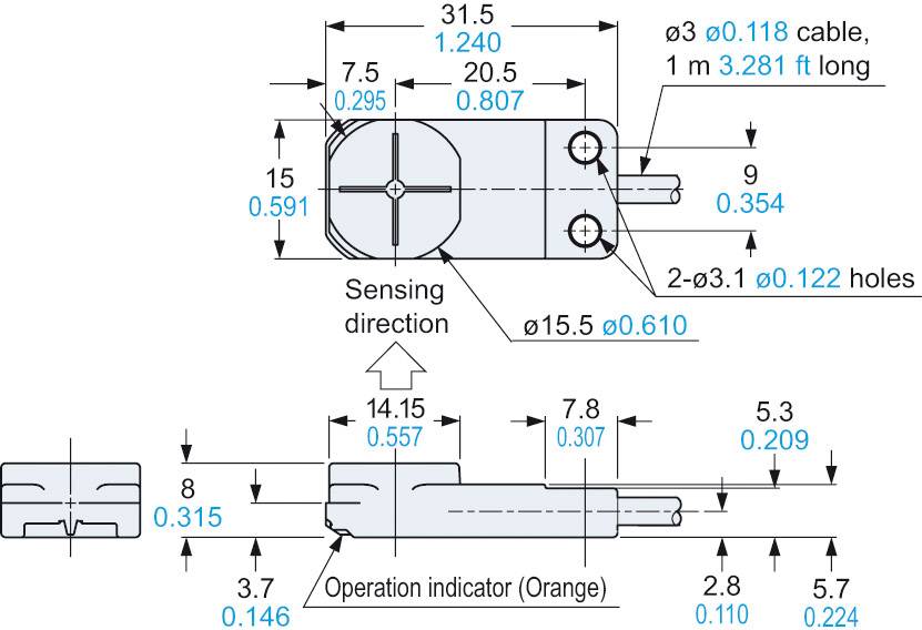 Technische Zeichnung eines Sensors. Zeigt Maße in Zoll und Millimetern. Hauptmerkmale: Sensorausrichtung, Löcher, Kabel und Anzeige.