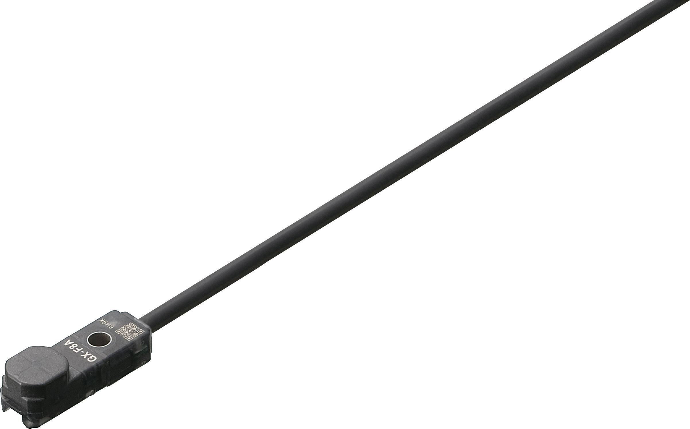 Ein optischer Sensor mit langem Kabel verbindet ein rechteckiges Gehäuse mit einem kleinen Sichtfenster, für industrielle Anwendungen.