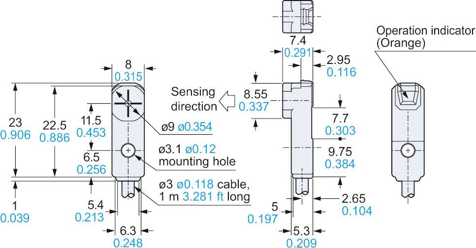 Technische Zeichnung eines Sensors mit Maßen in Millimetern und Zoll; beinhaltet Anschlussbohrung, Kabellänge und Betriebsanzeige.