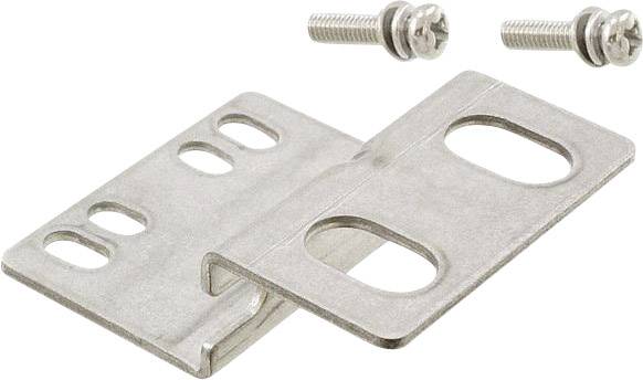 Ein silbernes Scharnier mit zwei rechteckigen Platten, jede mit drei Löchern, liegt neben zwei silbernen Schrauben.