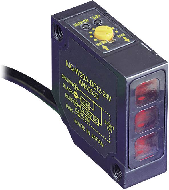 Ein rechteckiger Sensor mit der Aufschrift 'MG-W20A-DC12-24V'. Er hat rote Sensorflächen und Einstellknöpfe.