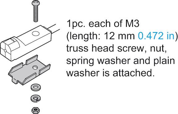 Technische Zeichnung mit Schraubenset: M3 mit Senkkopf, Mutter, Feder- und Unterlegscheibe. Länge: 12 mm (0,472 in).