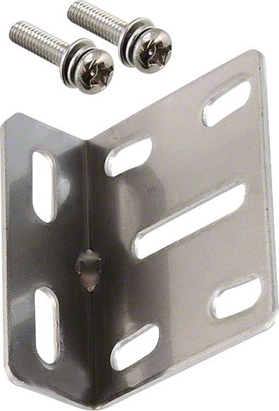 Metallwinkel und zwei Schrauben. Der Winkel hat vier Langlöcher zur Befestigung.