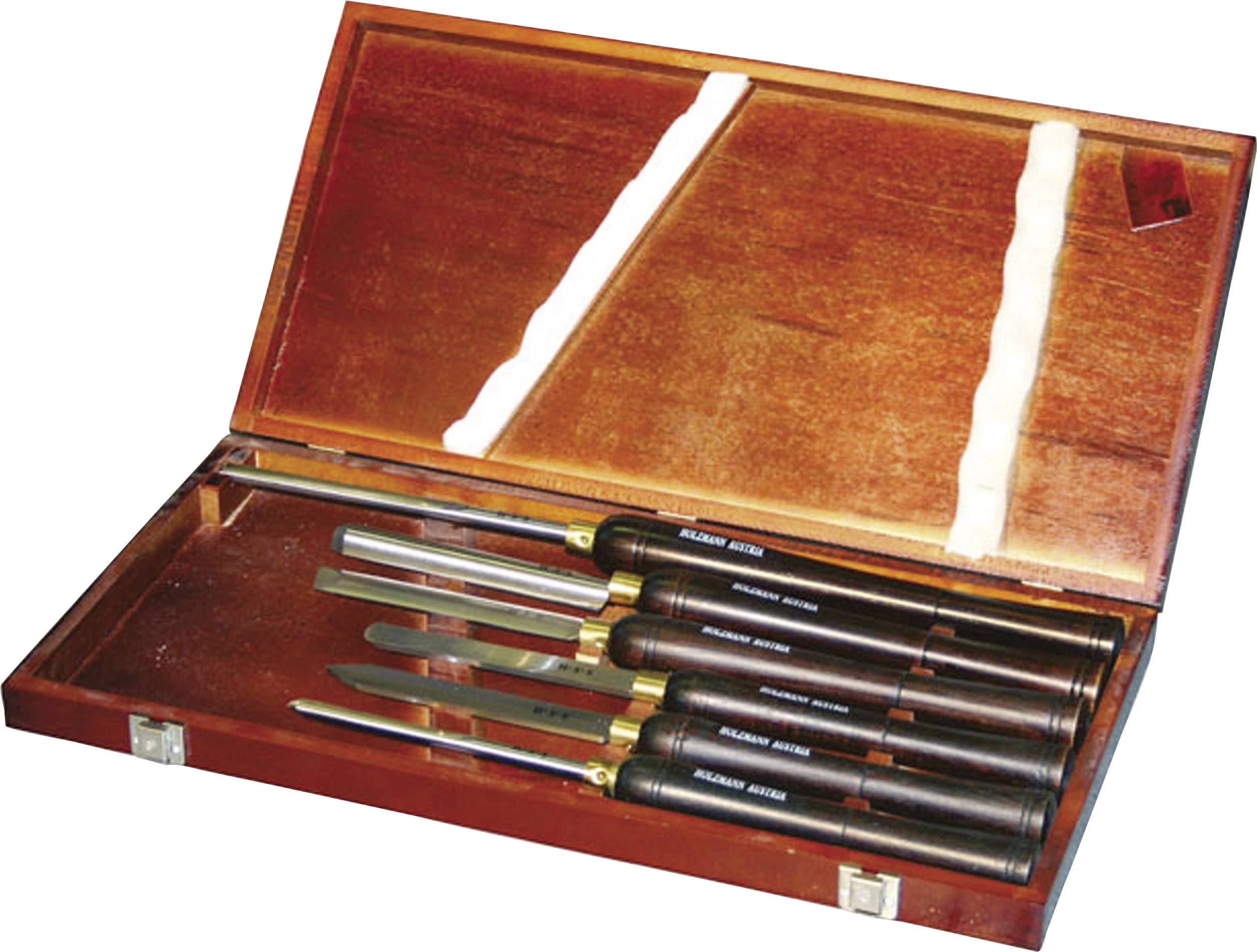 Ein Holzkasten mit sechs verschiedenen Stechbeiteln, die Griffe sind dunkel und die Klingen glänzend.