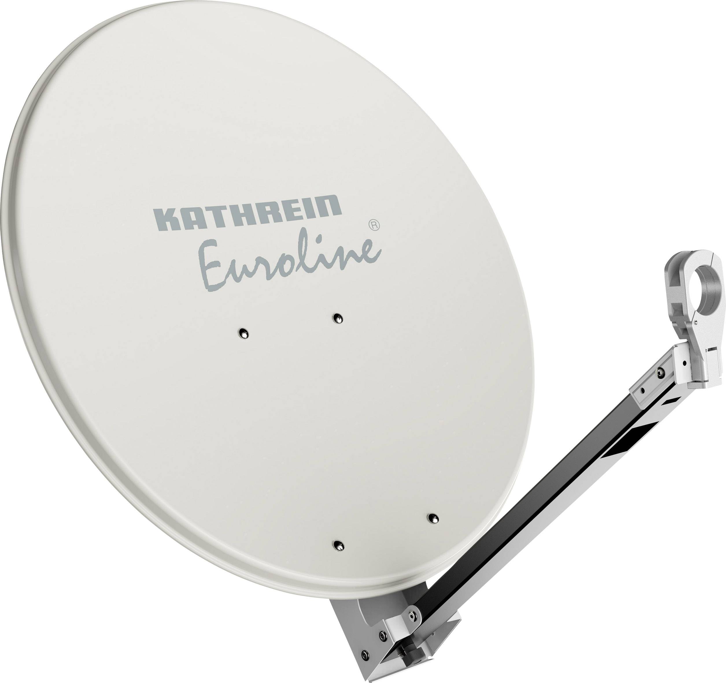 Satellitenschüssel von Kathrein Euroline, hellgraue Farbe, an einer Halterung montiert, geeignet für den Empfang von TV-Signalen.