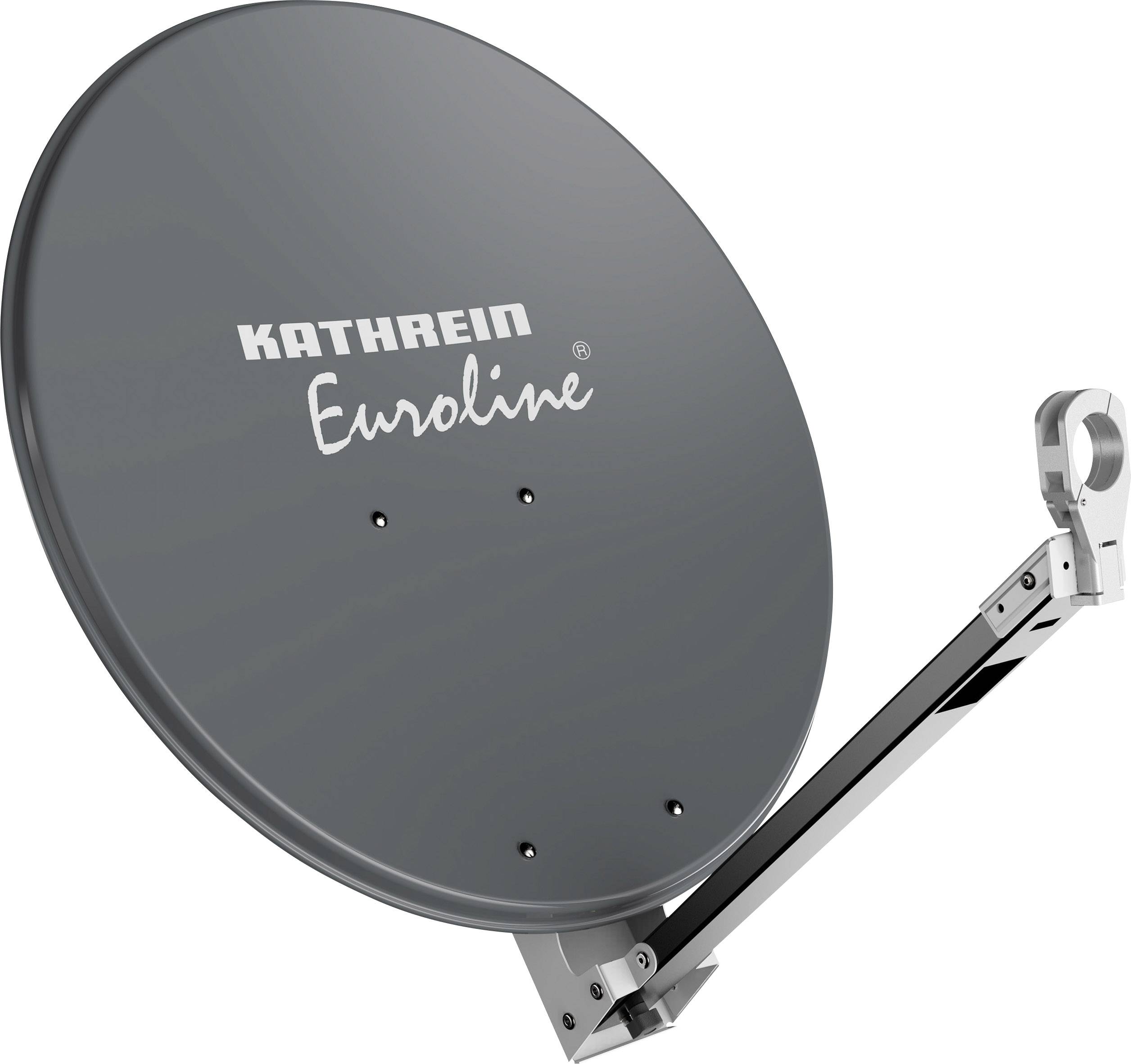 Satellitenschüssel der Marke 'Kathrein Euroline' mit metallischer Halterung, vor neutralem Hintergrund platziert.