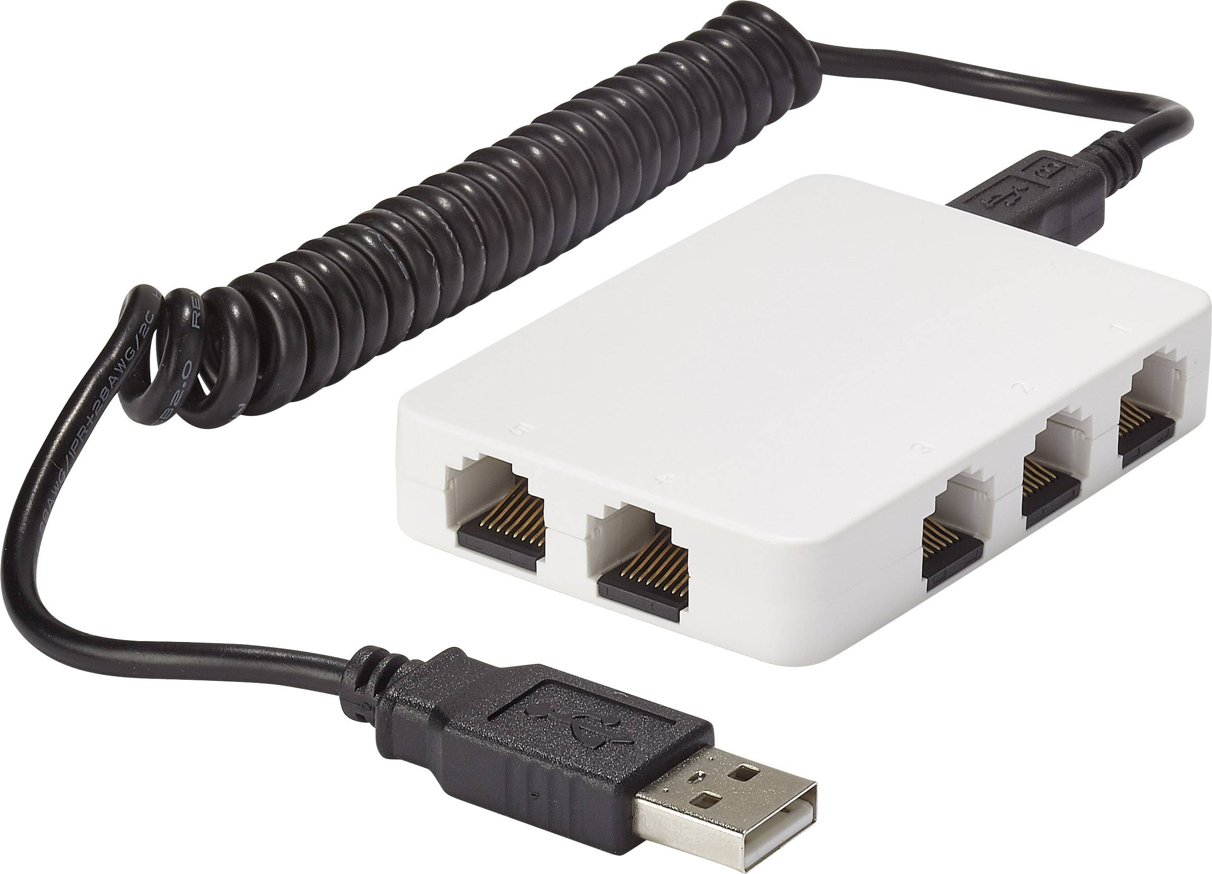 Ein weißer Ethernet-Splitter mit drei Netzwerkschnittstellen und einem USB-Anschluss zur Stromversorgung.
