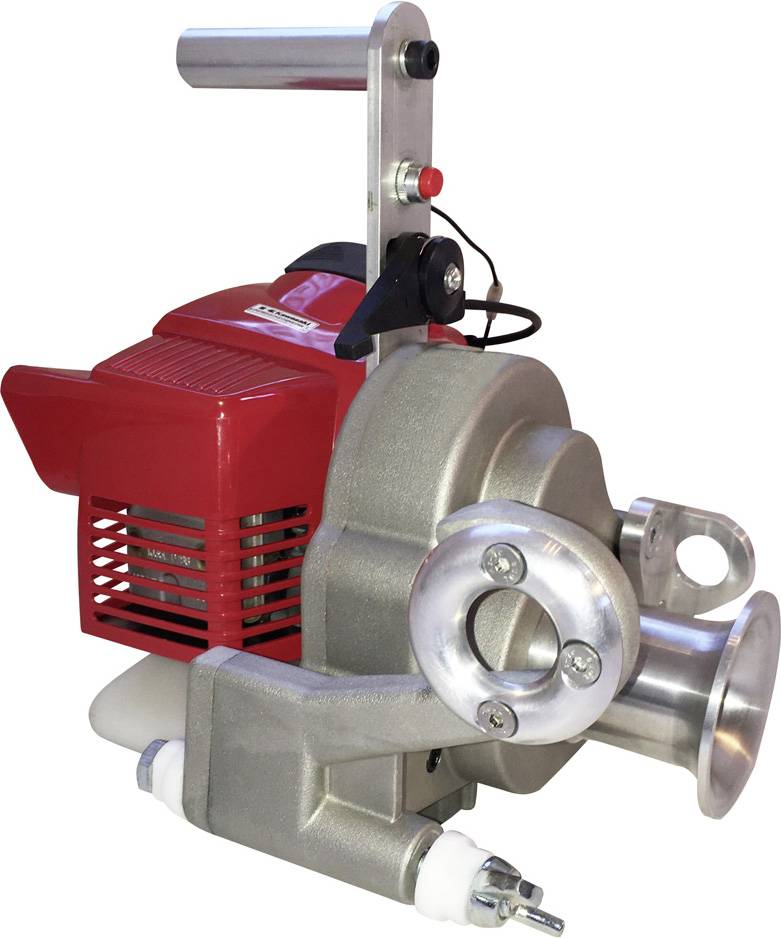 Rote Wasserpumpe mit Metallgehäuse. Sie hat einen Tragegriff oben und zwei Ventilöffnungen an der Vorderseite.