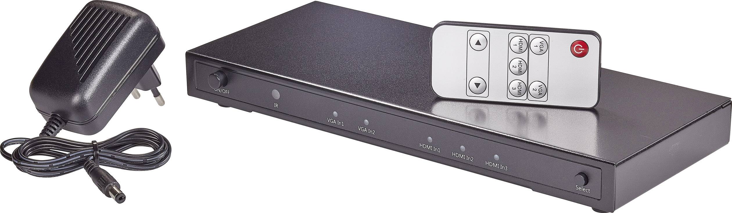 SpeaKa Professional 5 Port HDMI/VGA-Switch mit Fernbedienung, Ultra HD-fähig 3840 x 2160 Pixel