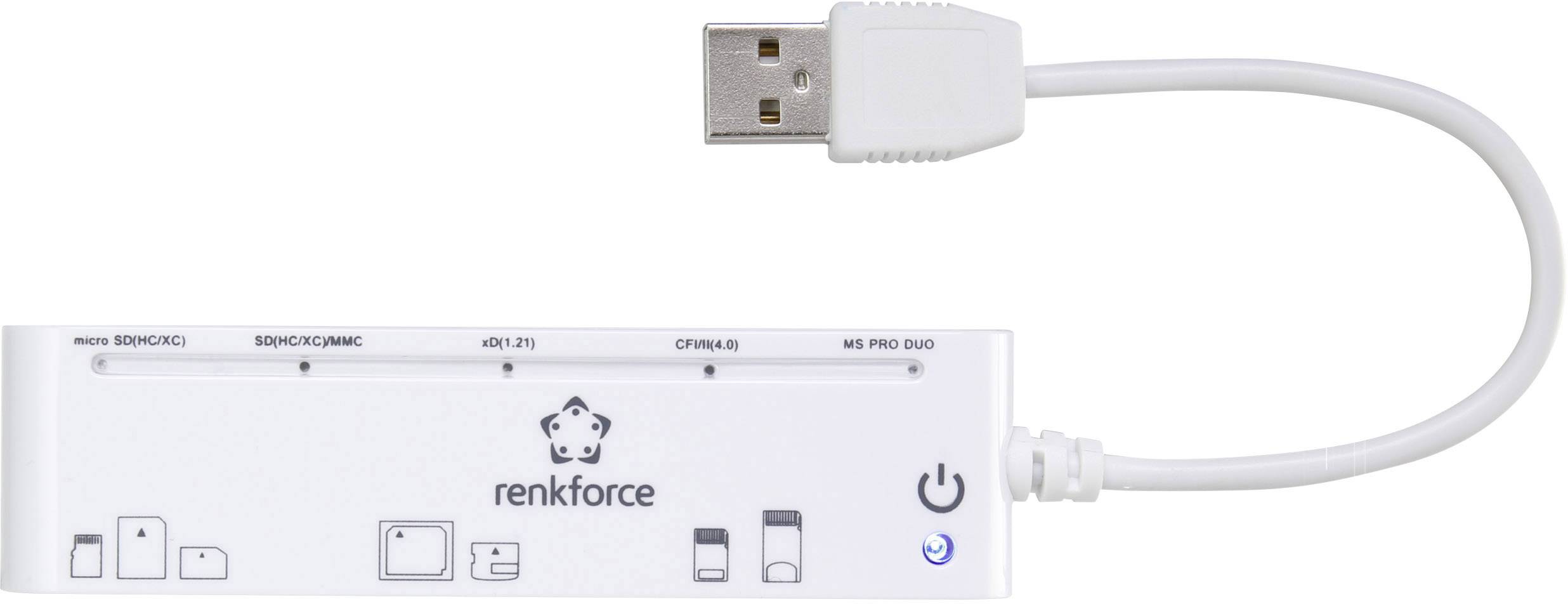 Renkforce USB-Kartenleser mit Anschlusskabel, kompatibel mit verschiedenen Kartentypen, zeigt Symbole für unterstützte Karten.