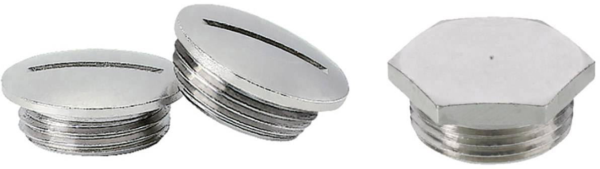 Zwei runde, verchromte Schraubkappen mit Schlitz und eine sechseckige Kappe aus Metall, auf hellem Hintergrund dargestellt.