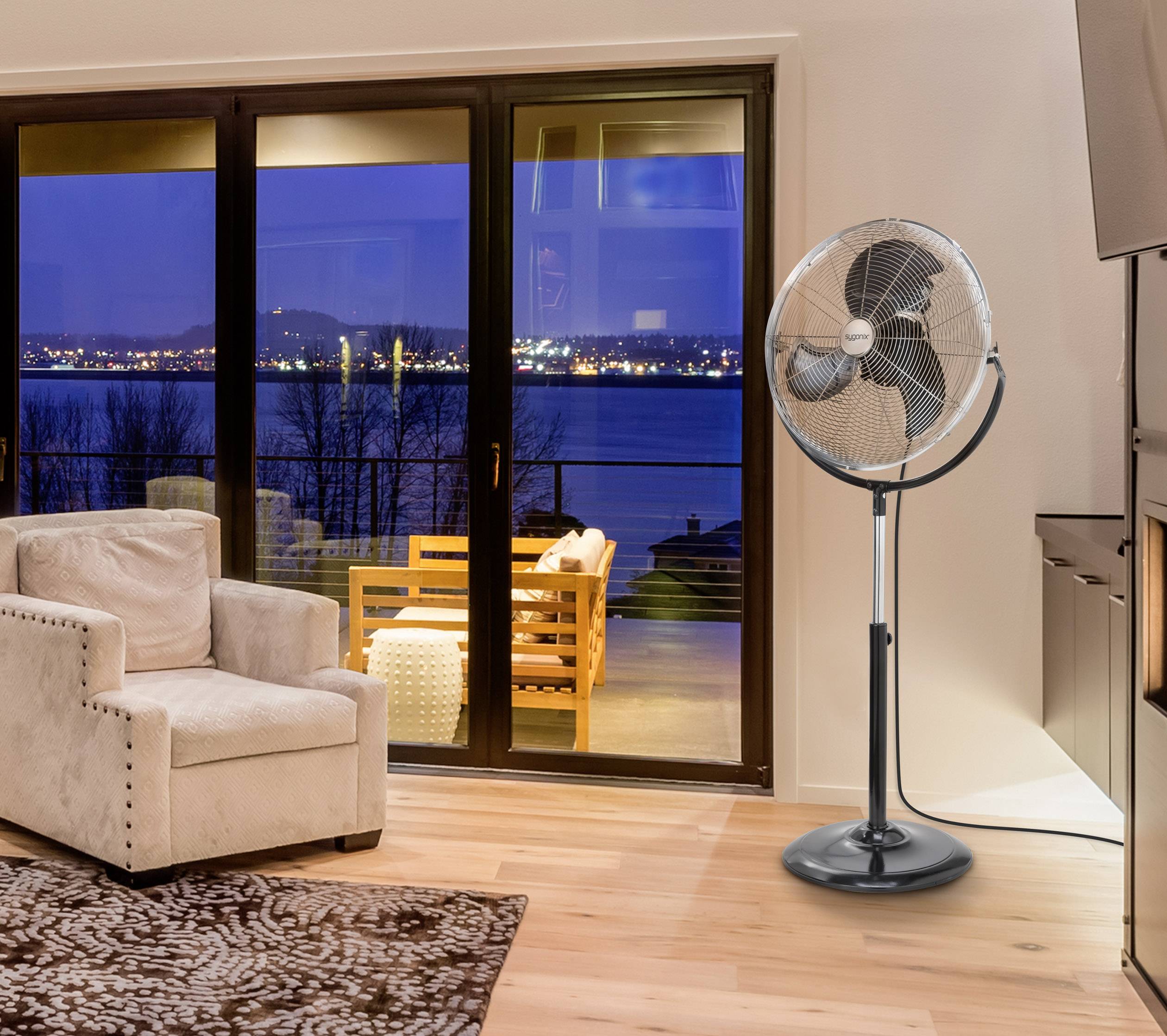 Sygonix FES-45A Standventilator 140 W (B x H) 54 cm x 130 cm Schwarz, Silber Höhenverstellbar, Überhitzungsschutz, Schwenkbar