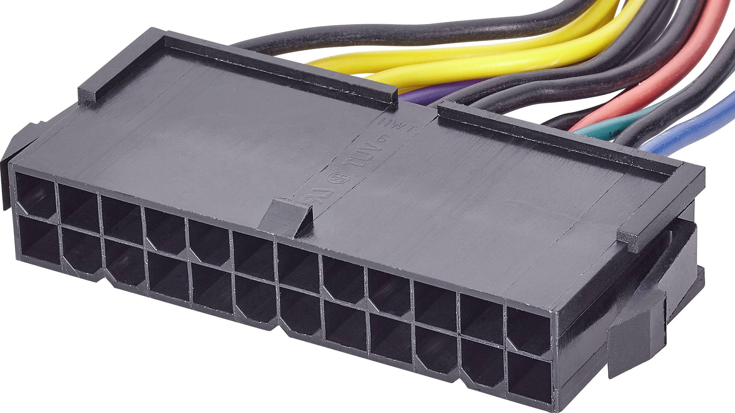 Schwarzer 24-poliger ATX-Stromstecker mit bunten Kabeln für Computer-Netzteile.