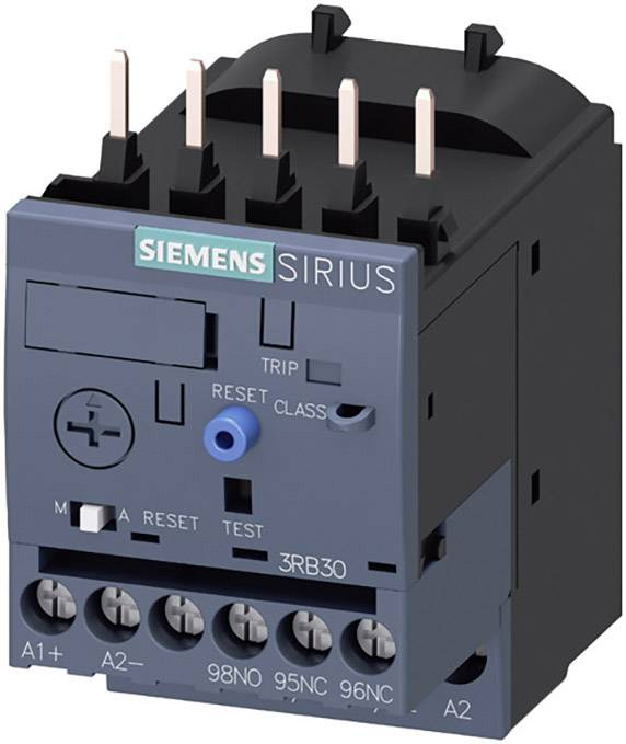 Ein Siemens SIRIUS Überlastrelais-Modul mit Reset- und Testknopf. Verbindungen und Einstellungen sind auf der Vorderseite sichtbar.