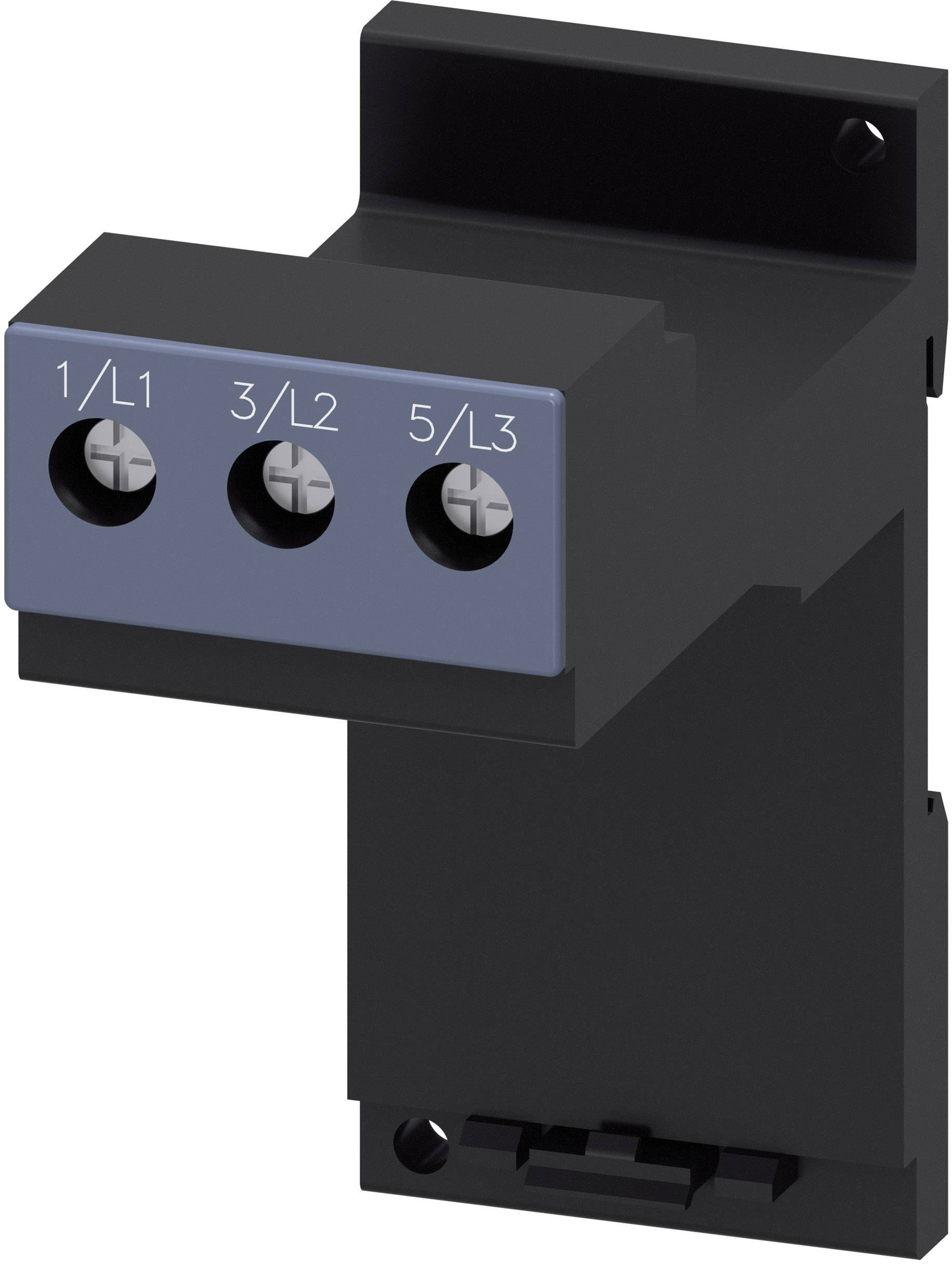 Ein schwarzer industrieller Anschlussblock mit drei gekennzeichneten Klemmen: '1/L1', '3/L2', '5/L3'.