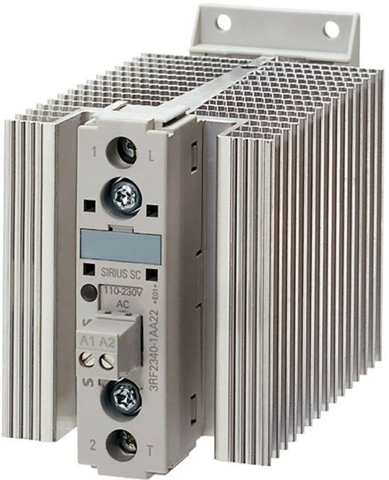 Ein graues elektrisches Schaltgerät mit Kühlrippen, das für den Betrieb mit Wechselspannung von 110-230V ausgelegt ist.