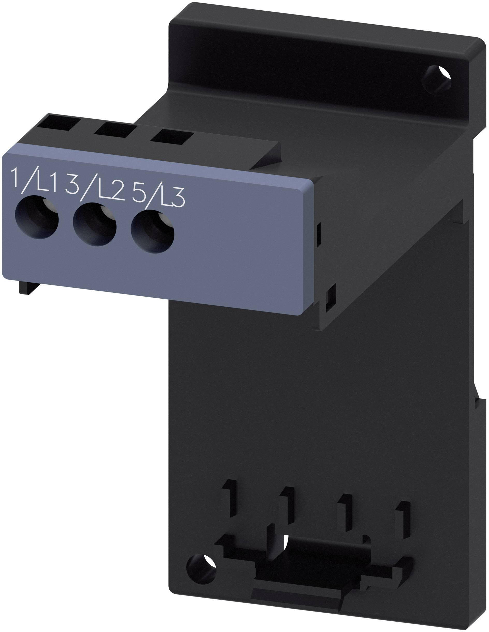 Ein schwarzer elektrischer Anschlussblock mit drei blauen Eingängen, beschriftet mit '1/L1', '3/L2' und '5/L3'.