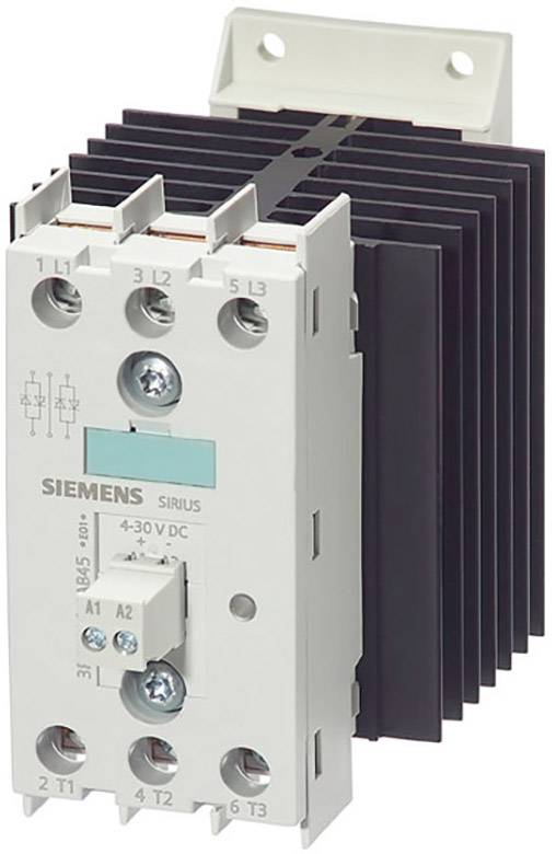 Ein elektromagnetischer Schütz von Siemens mit Beschriftungen für Spannung und Anschlüsse, hauptsächlich in industriellen Anwendungen genutzt.