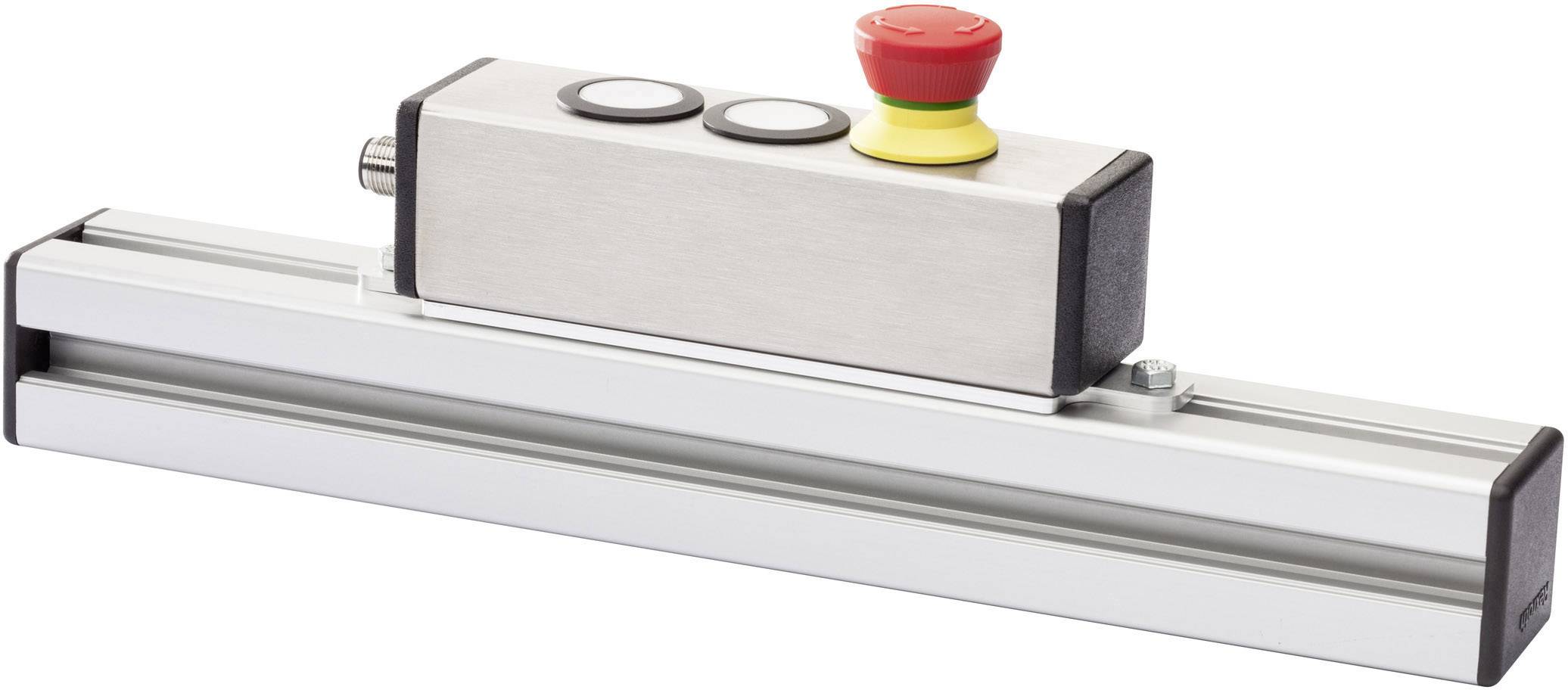 Metallisches Gerät mit zwei Tasten und einem roten Not-Aus-Schalter, montiert auf einer Aluminiumschiene.