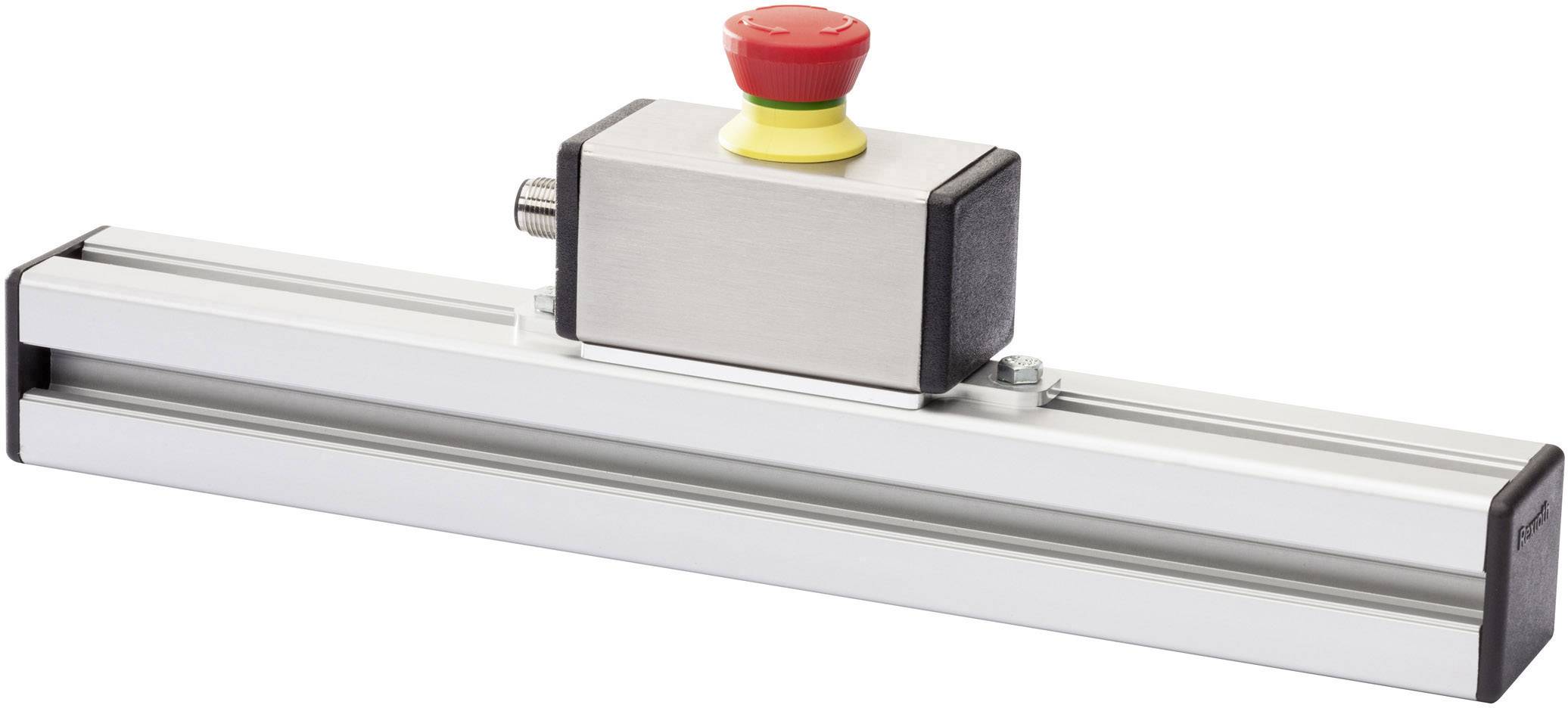 Silberne lineare Führung mit darauf montiertem rechteckigem Gehäuse und rotem Drehknopf. Mechanischer Bauteil-Auslöser.