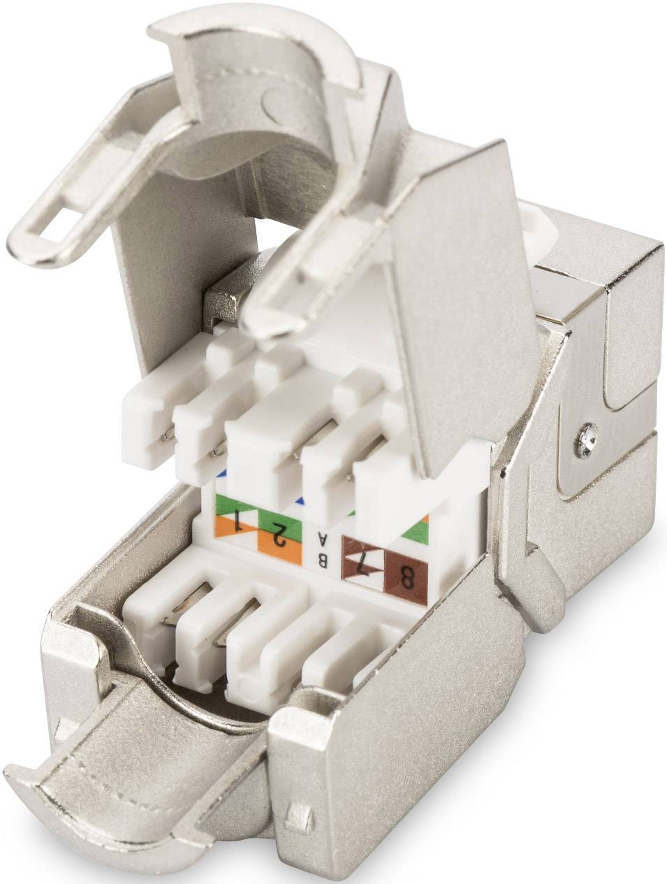 Metallisches RJ45-Modul mit offenem Gehäuse zeigt farbcodierte Anschlussklemmen.