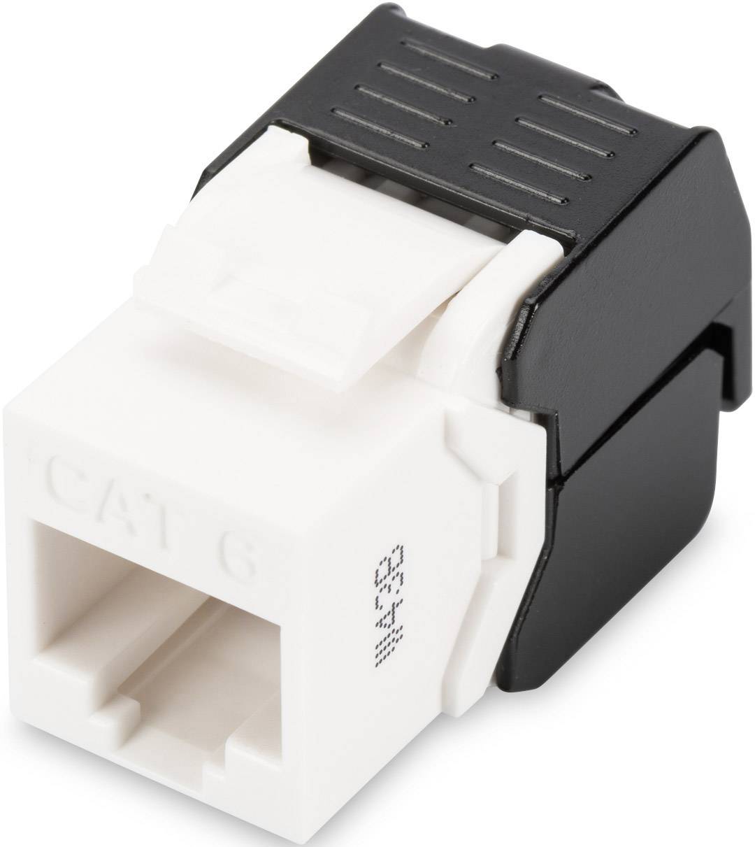 Ein weißer und schwarzer Cat6-Ethernet-Keystone-Jack zum Verbinden von Netzwerkverkabelung in Schaltschränken oder Wanddosen.